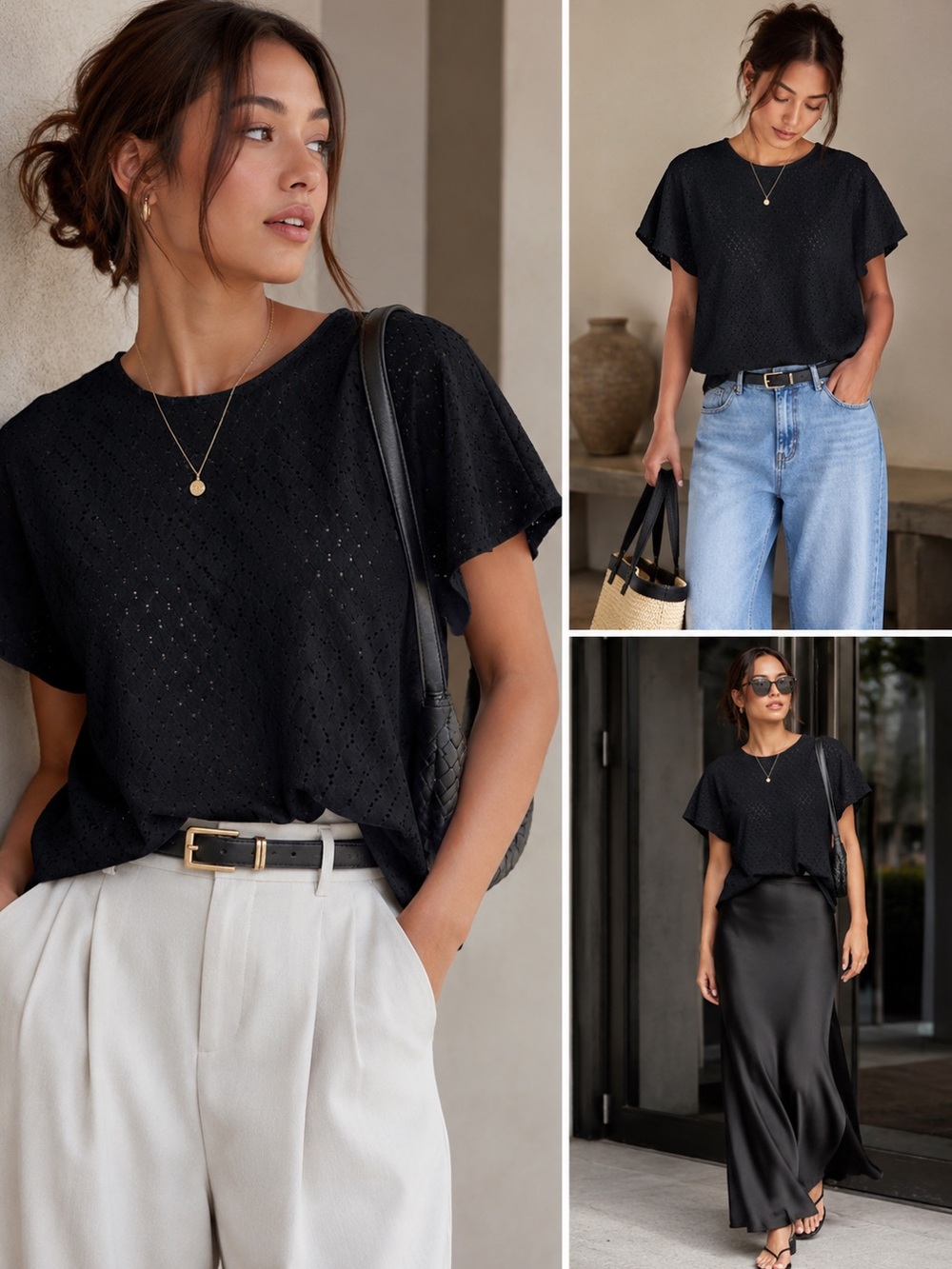 Black Eyelet Batwing Short Sleeve Blouse Oversized Summer Casual Size Large